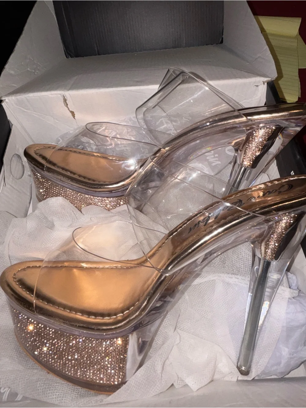 Clear Platform Glitter High Heels - Rose Gold
